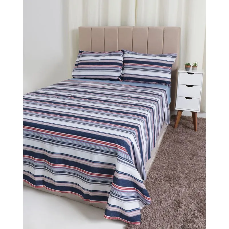 Jogo De Cama King Algodão Listrado Andreza Azul UN