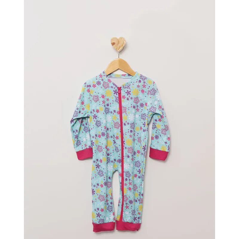 Pijama Bebê Macacão Estampa Floral Com Zíper Verde 2