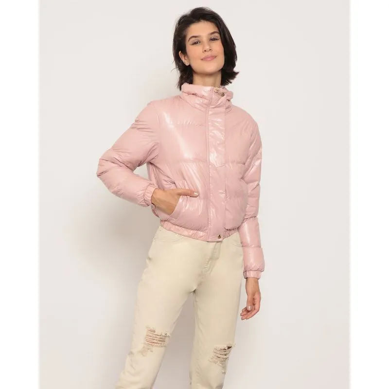 Jaqueta Feminina Puffer Gola Alta Metalizada Rosa P
