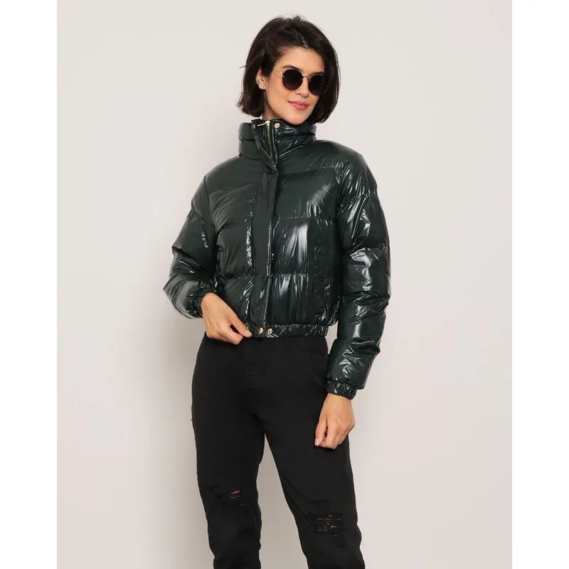 Jaqueta Feminina Puffer Gola Alta Metalizada Verde G
