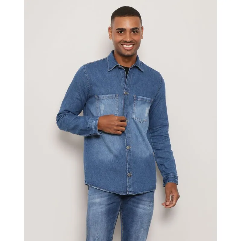 Camisa Jeans Masculina Com Bolso Manga Longa Azul GG