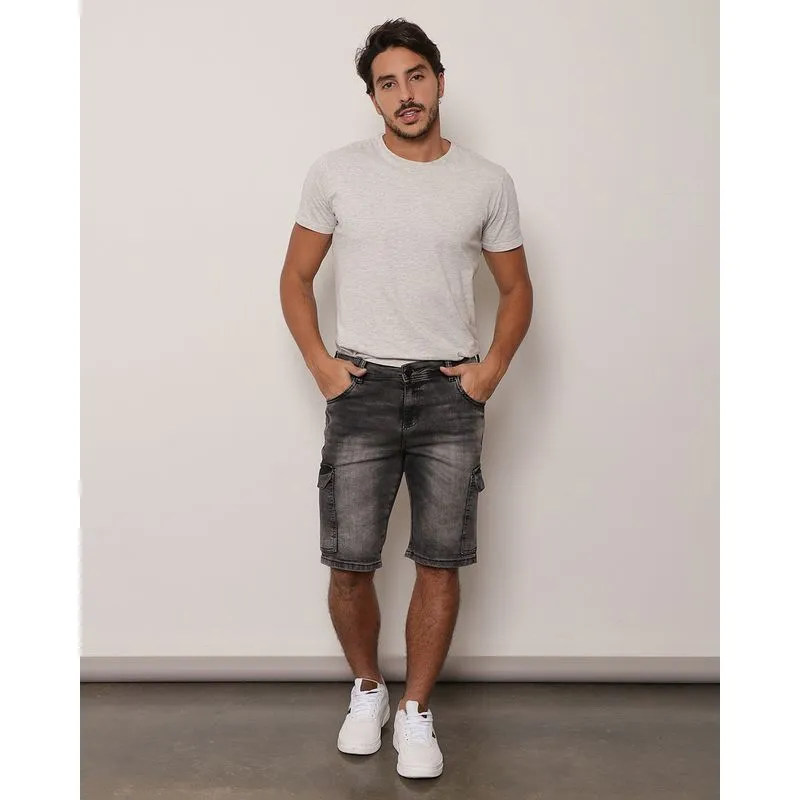 Bermuda Jeans Masculina Cargo Estonado Cinza 48