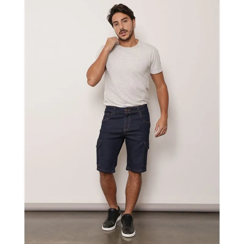 Bermuda Jeans Masculina Cargo Com Bolso Azul 46
