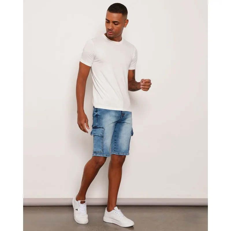 Bermuda Jeans Masculina Estonada Bolso Cargo Azul 42