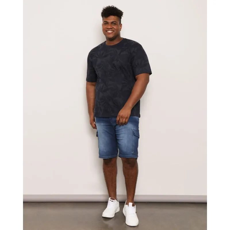 Bermuda Plus Size Jeans Masculina Bolso Cargo Azul 50