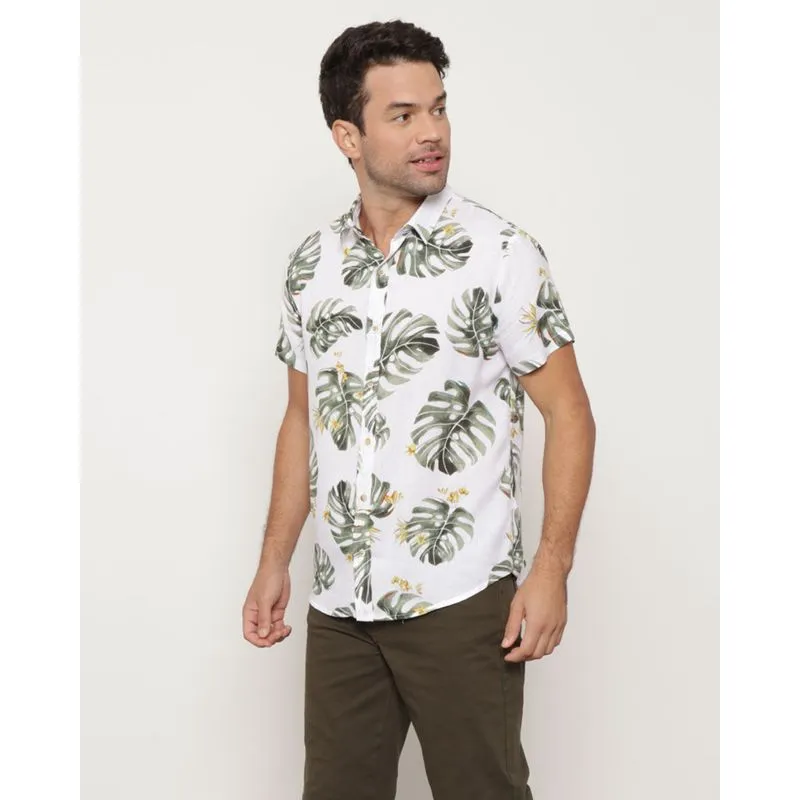 Camisa Masculina Manga Curta Viscose Estampada Folhagens Off White GG