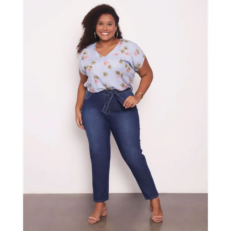 Calça Jeans Plus Size Feminino Reta Com Faixa Azul 52