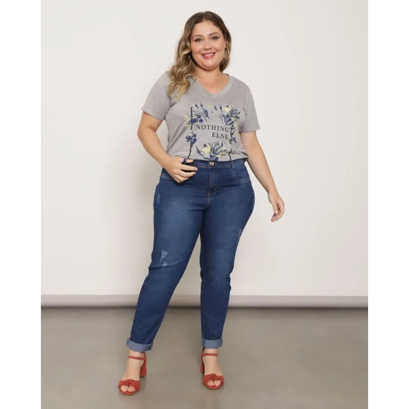 Calça Jeans Feminina Plus Size Com Puídos Skinny Azul 50