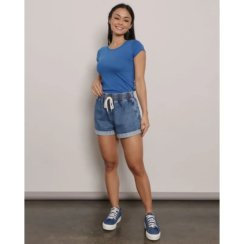 Short Jeans Feminino Barra Dobrada Azul 42