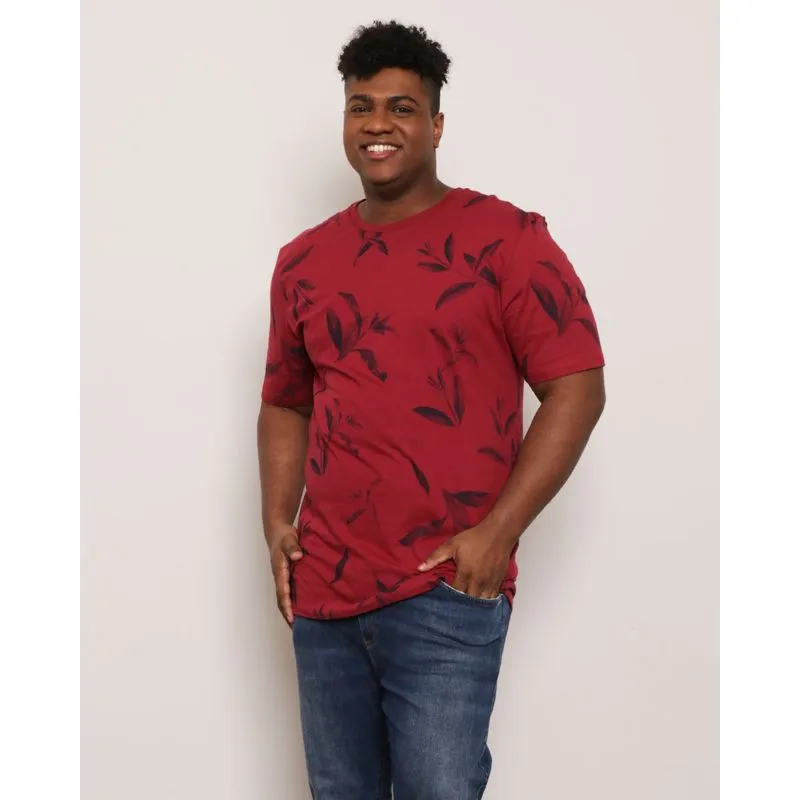 Camiseta Plus Size Masculina Manga Curta Folhagem Vermelha G1