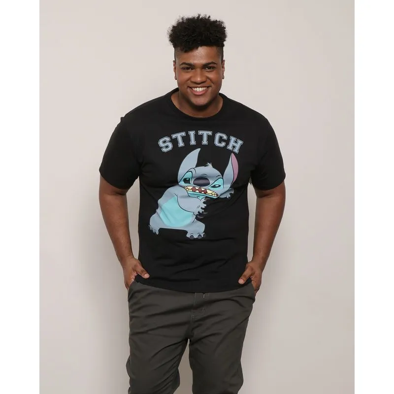 Camiseta Plus Size Masculina Disney Stitch Manga Curta Preta G1
