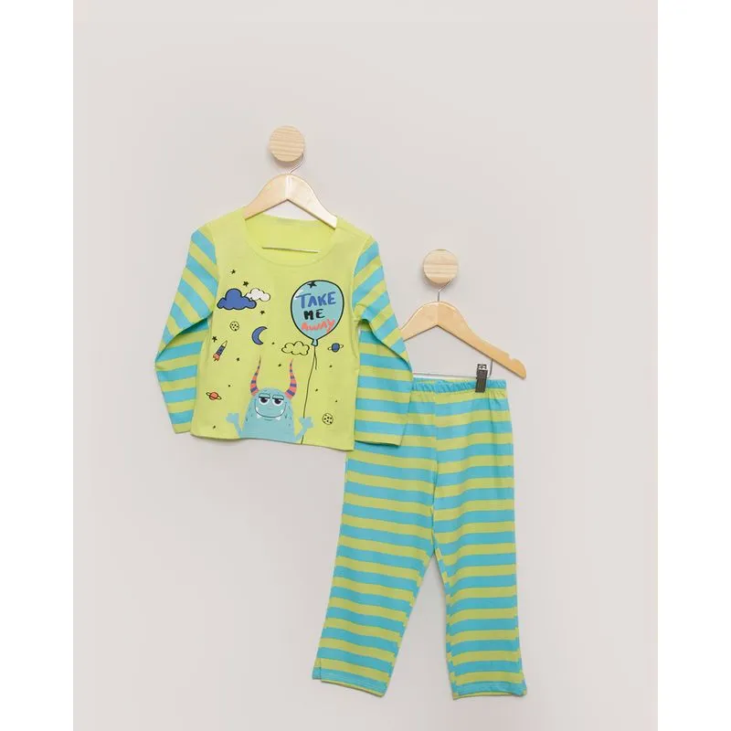 Pijama Bebê Longo Estampa Monstrinho e Listras Verde 2