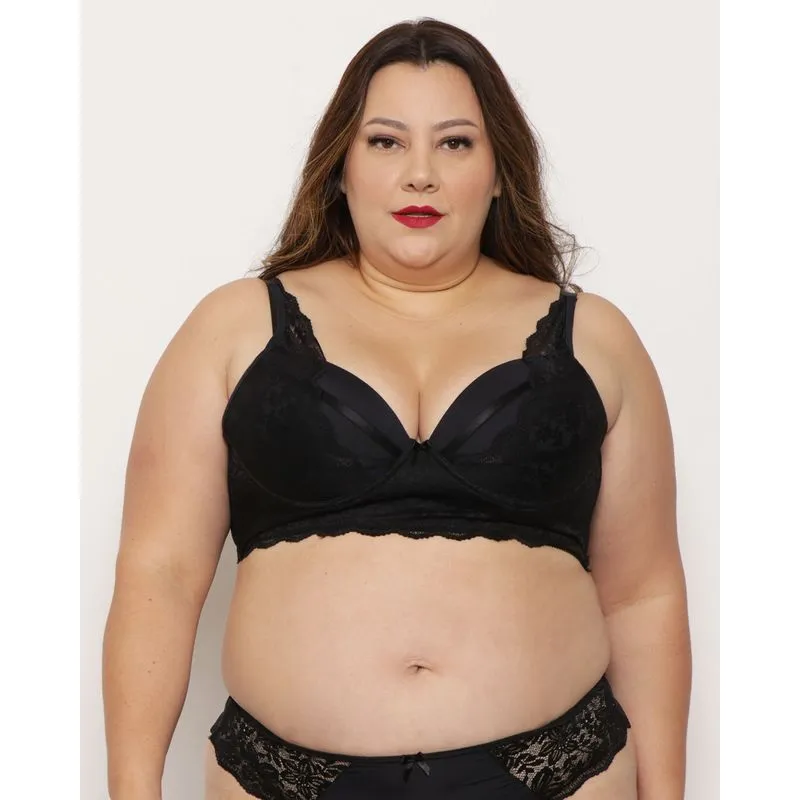 Sutiã Plus Size Feminino Com Base Alongado Renda Preto 50