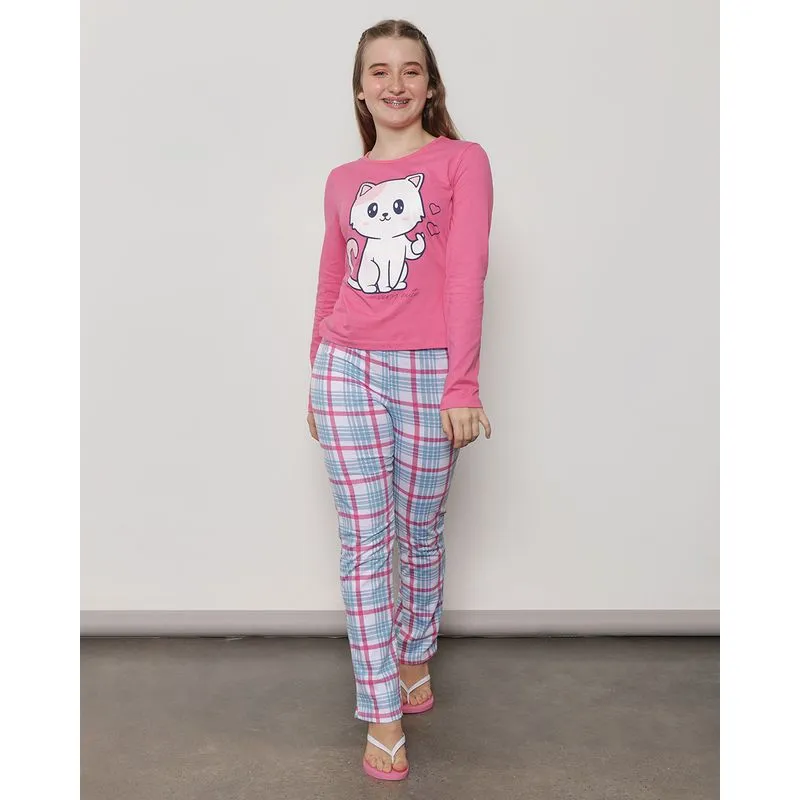 Pijama Juvenil Longo Estampa Gatinho Xadrez e Rosa 12