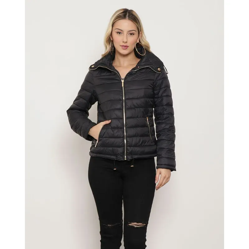 Jaqueta Feminina Puffer Gola Alta Com Zíper Preta P