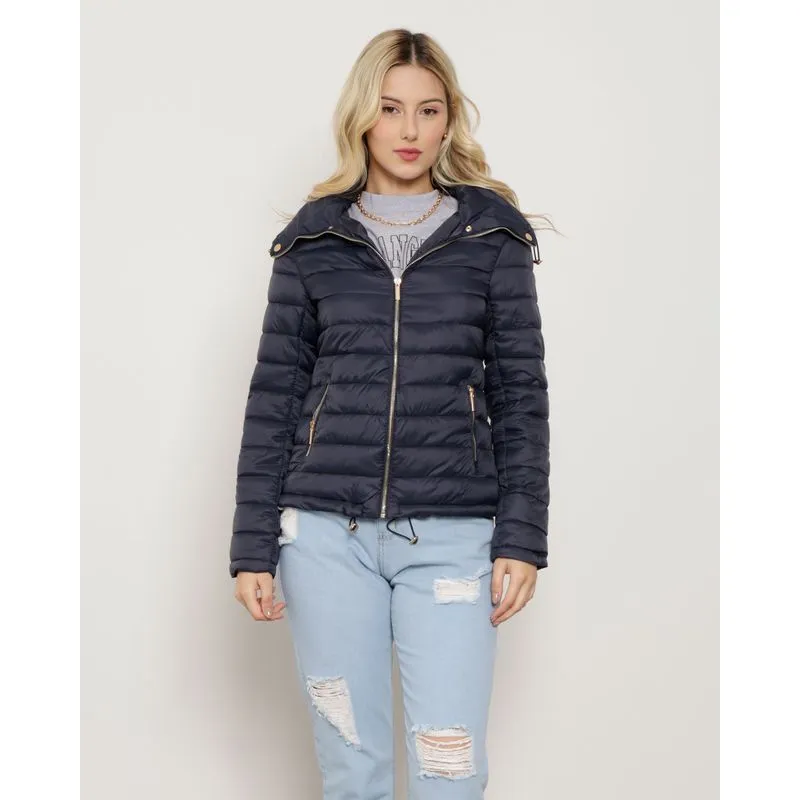 Jaqueta Feminina Puffer Gola Alta Com Zíper Azul Marinho P