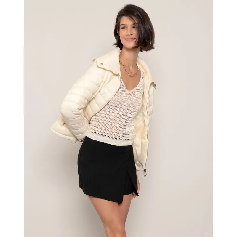 Jaqueta Feminina Puffer Gola Alta Com Zíper Off White GG