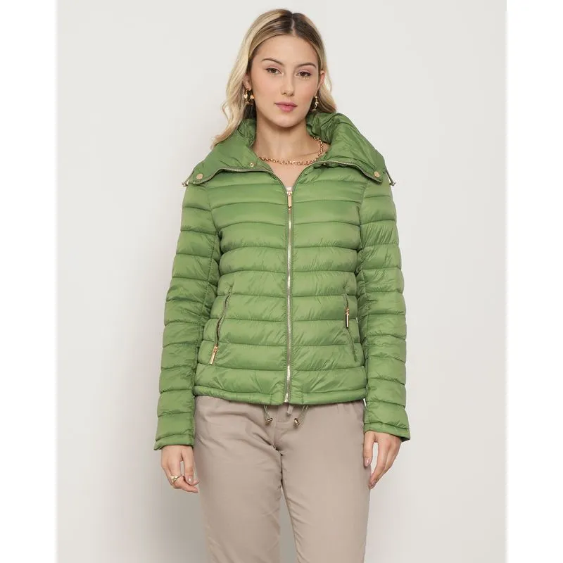 Jaqueta Feminina Puffer Gola Alta Com Zíper Verde M