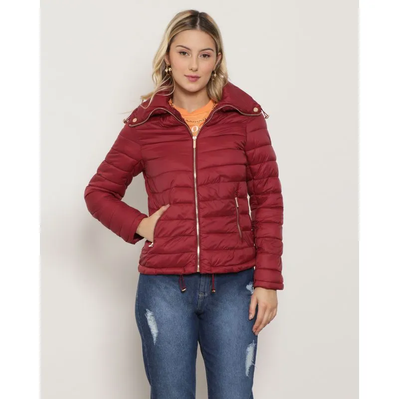 Jaqueta Feminina Puffer Gola Alta Com Zíper Vinho G