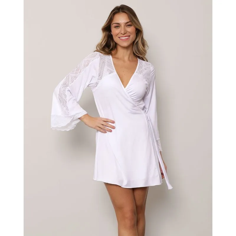 Robe Feminino Manga Longa Com Renda Branco GG