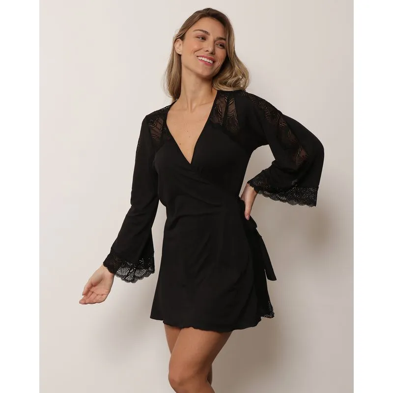 Robe Feminino Manga Longa Com Renda Preto G