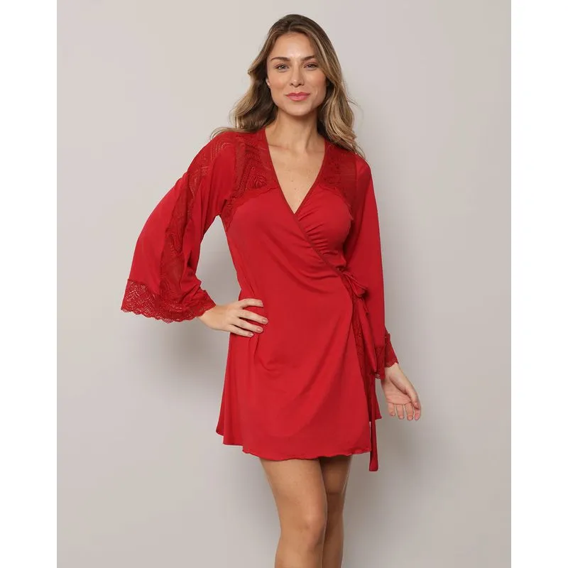 Robe Feminino Manga Longa Com Renda Vermelho GG