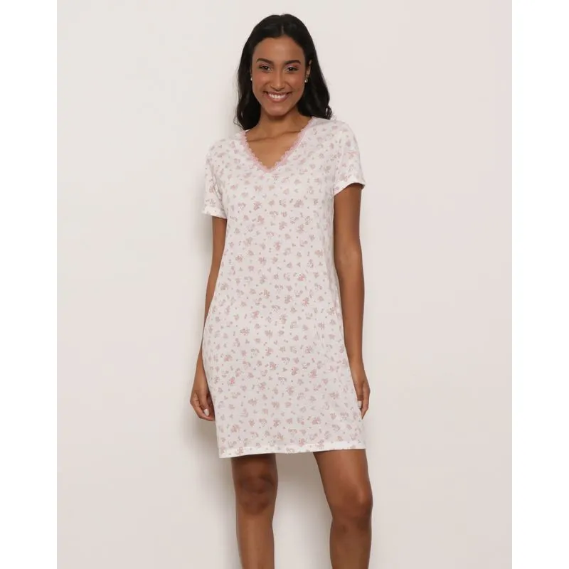 Camisola Feminina Manga Curta Renda Estampada Off White M