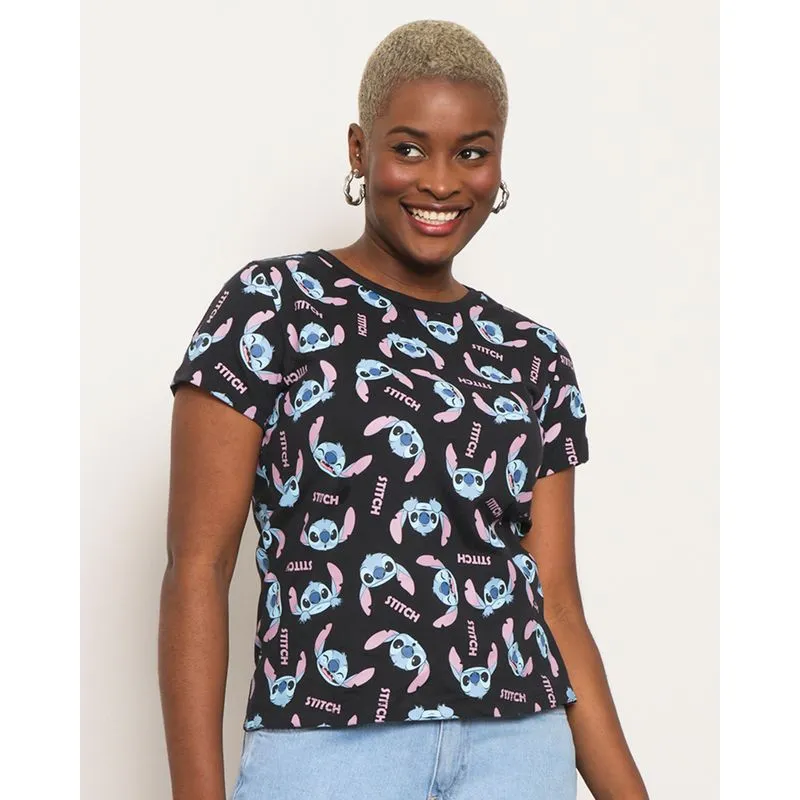 Camiseta Feminina Disney Stitch Manga Curta Preta G