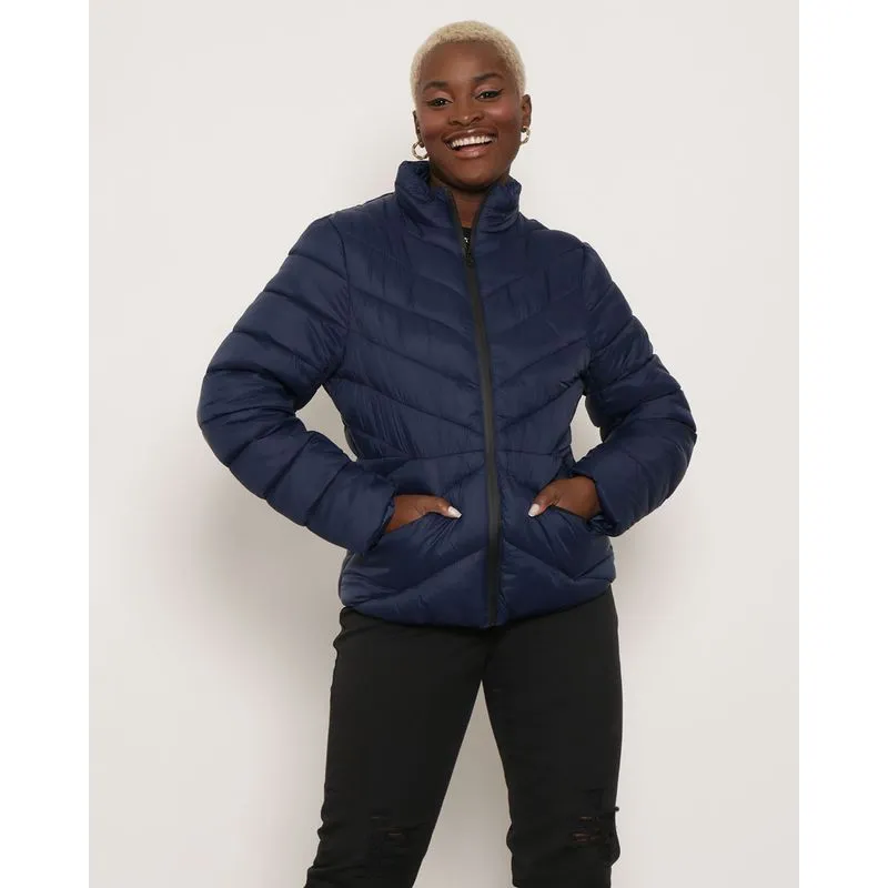 Jaqueta Feminina Puffer Gola Alta Com Zíper Marinho GG