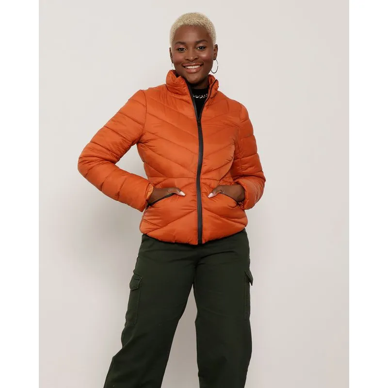 Jaqueta Feminina Puffer Gola Alta Marrom Médio P