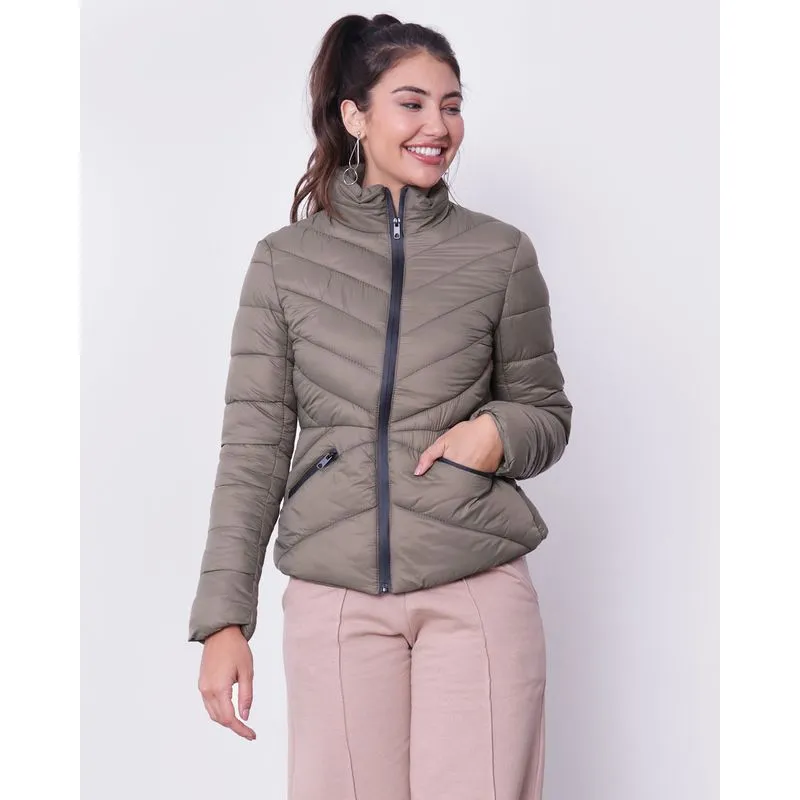 Jaqueta Feminina Puffer Gola Alta Com Zíper Verde P