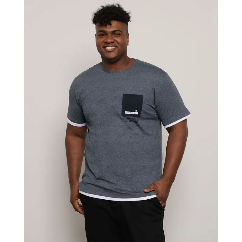 Camiseta Plus Size Masculina Bolso Manga Curta Marinho G1