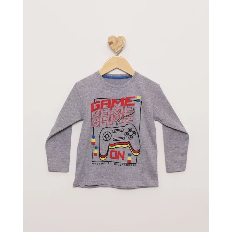 Camiseta Bebê Manga Longa Estampa Game Cinza 3