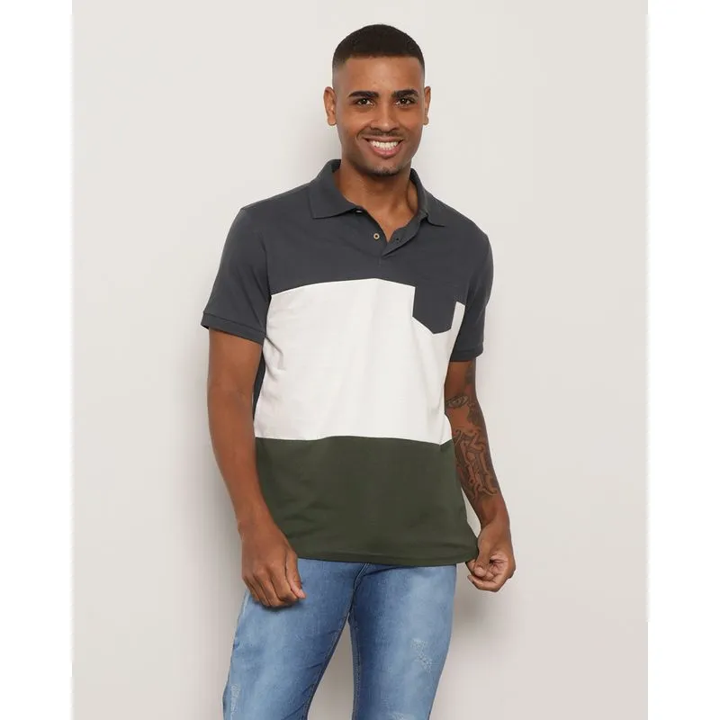 Polo Masculina Manga Curta Com Recortes e Bolso Cinza GG