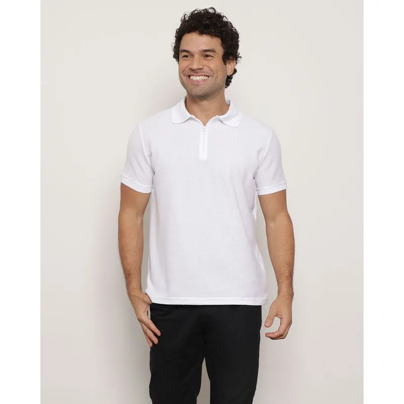 Camisa Polo Masculina Piquet Com Zíper Manga Curta Branca P
