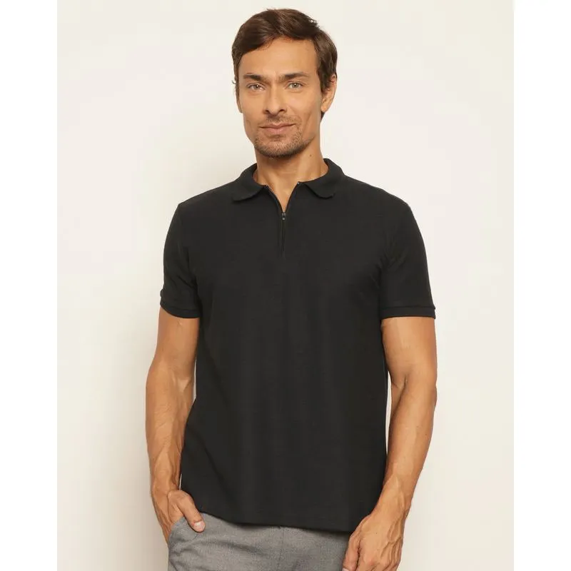 Camisa Polo Masculina Piquet Gola Com Zíper Manga Curta Preta P