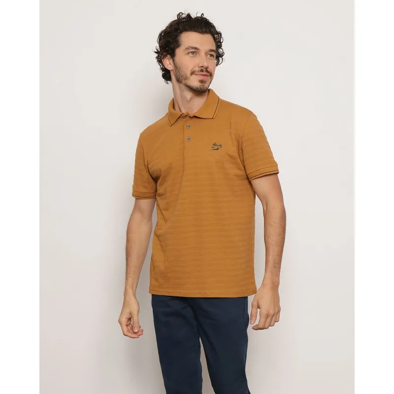 Polo Masculina Manga Curta Texturizada Com Bordado Marrom GG