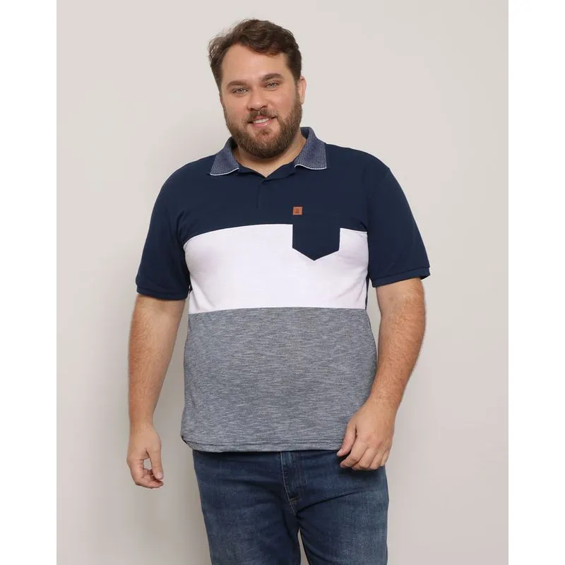 Polo Plus Size Masculina Manga Curta Com Bolso Piquet Azul G2