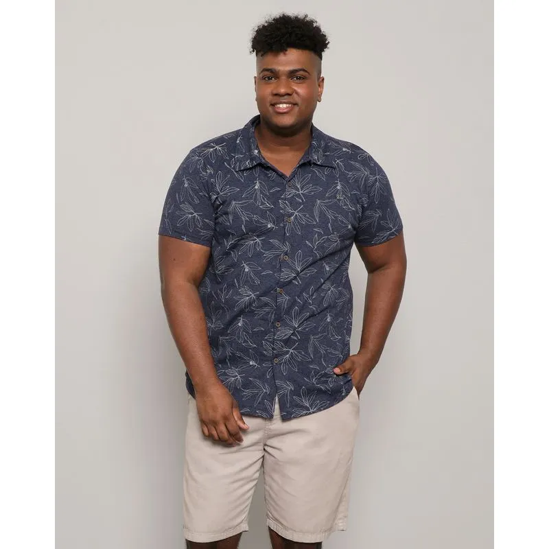 Camisa Plus Size Masculina Estampada Folhagem Marinho G1
