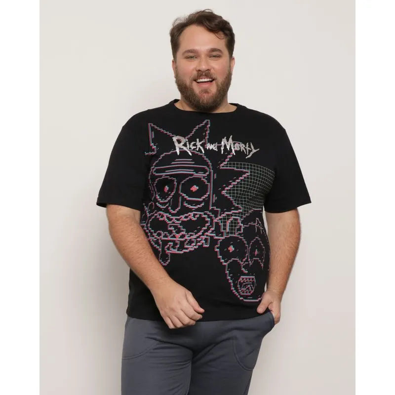 Camiseta Masculina Plus Size Manga Curta Rick And Morty Preta G1