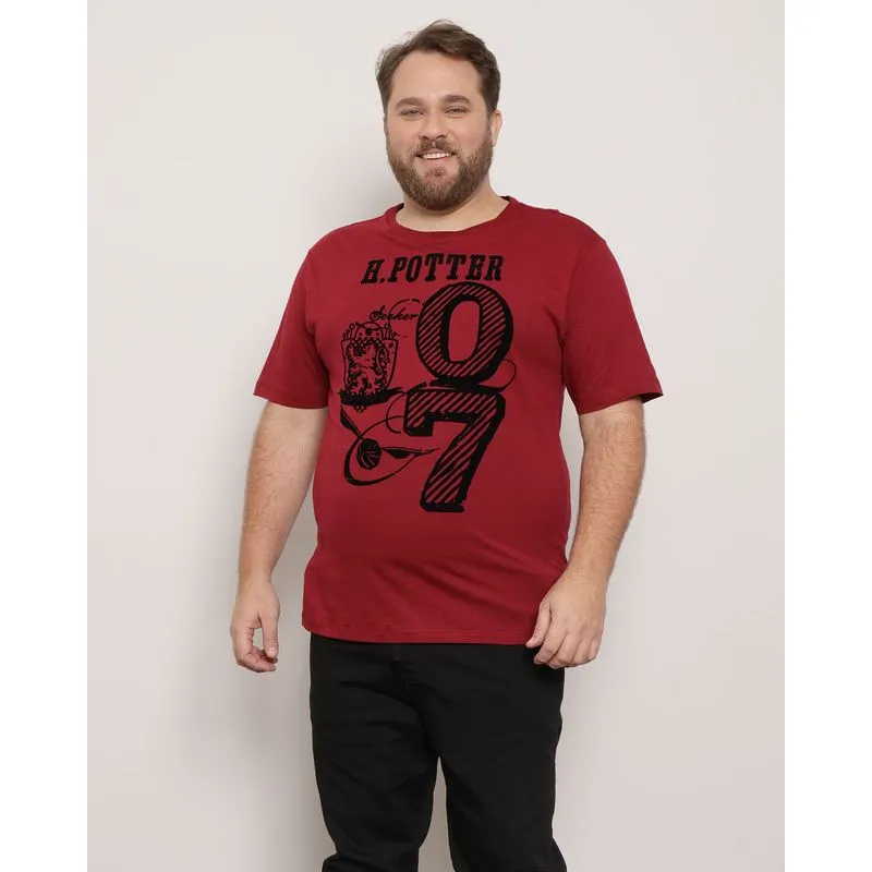 Camiseta Plus Size Masculina Harry Potter Warner Manga Curta Vinho G2