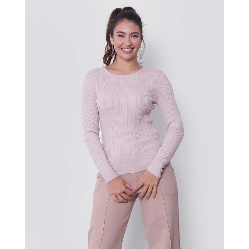 Suéter Tricô Feminino Canelado Bege Claro G