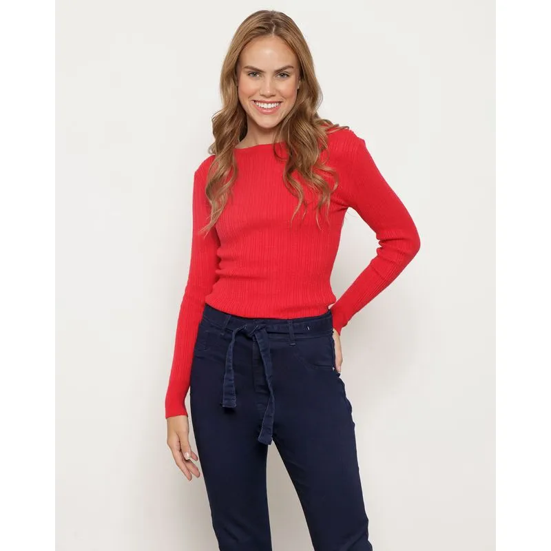 Suéter Tricô Feminino Canelado Vermelho GG