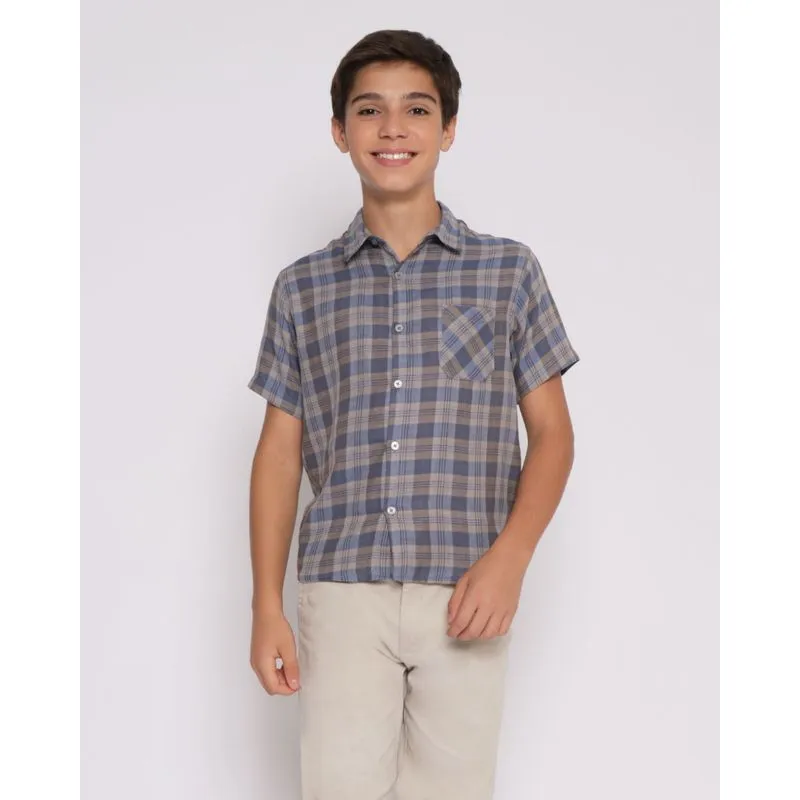 Camisa Juvenil Manga Curta Xadrez Azul 12