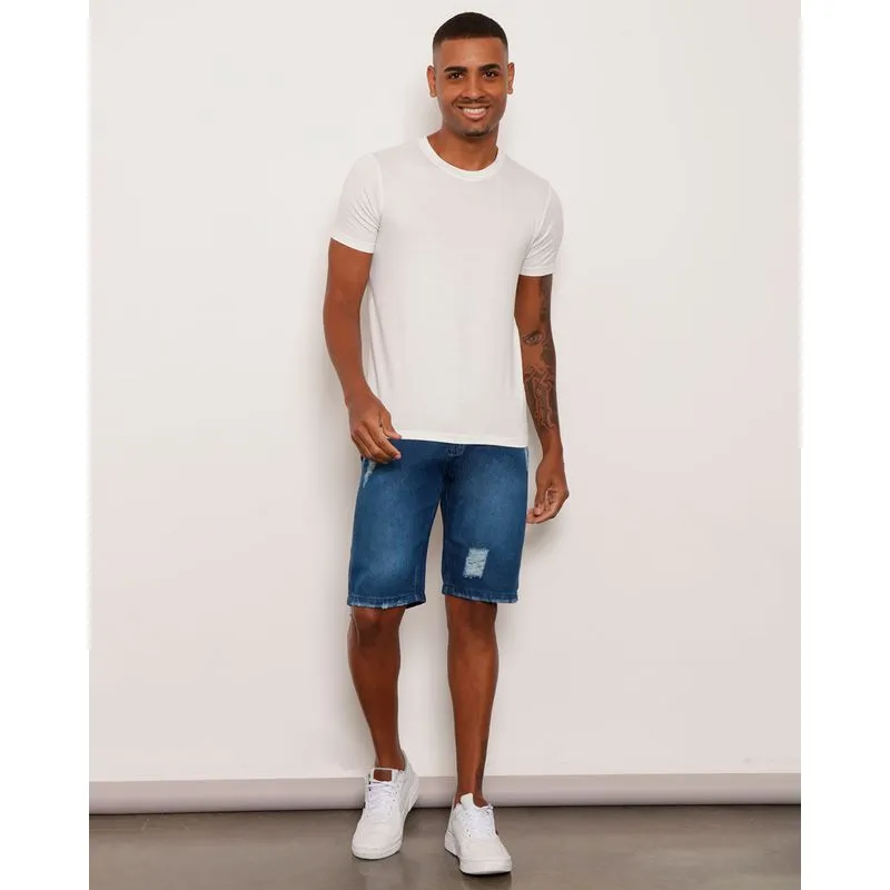 Bermuda Jeans Masculino Destroyed Azul 40