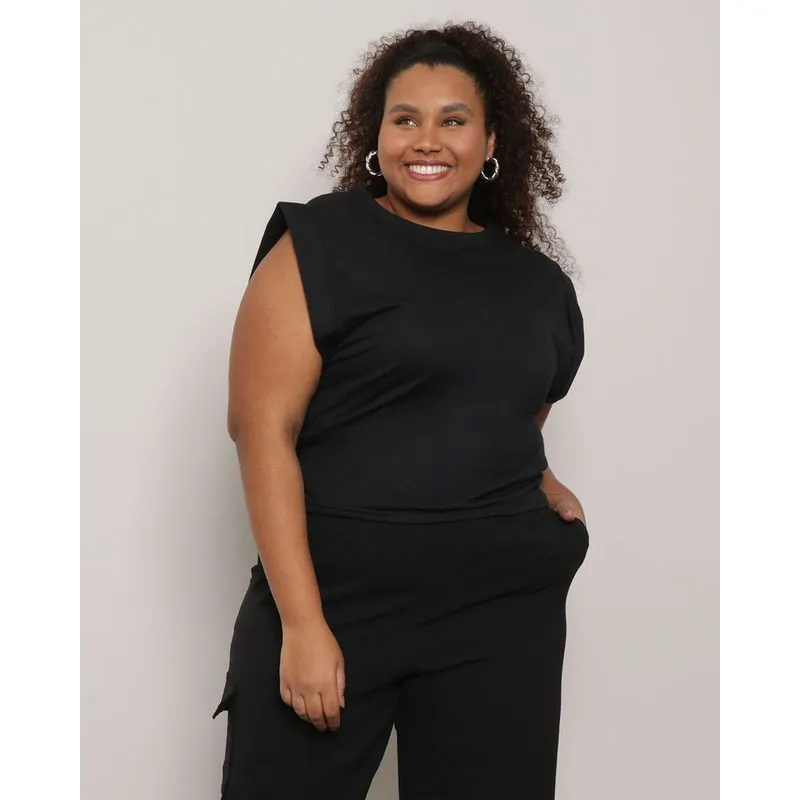 Regata Plus Size Feminina Decote Redondo Preta G1