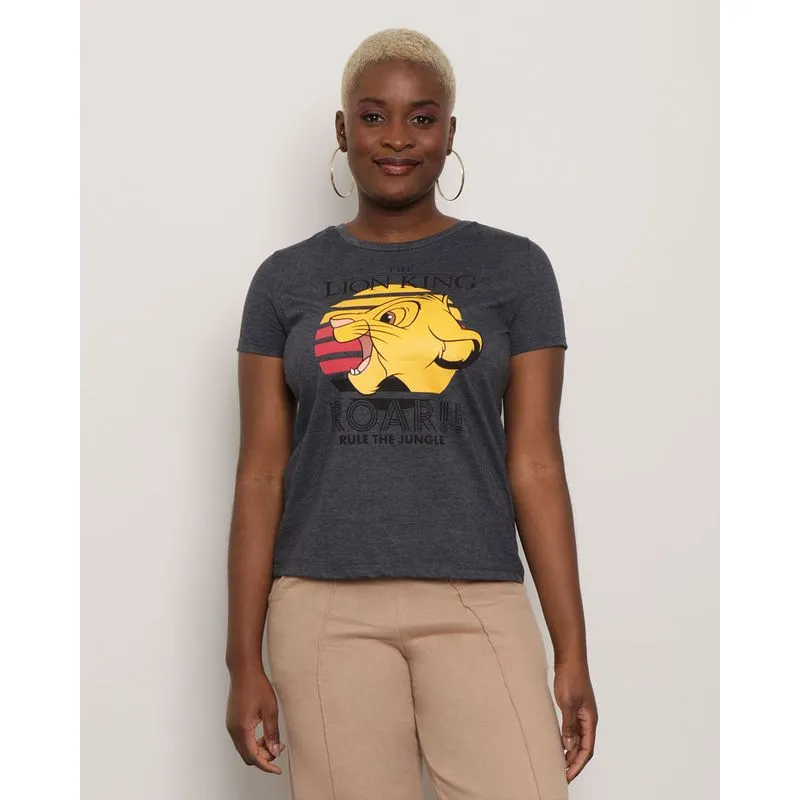 Camiseta Feminina Disney Simba Manga Curta Mescla Cinza Escuro GG