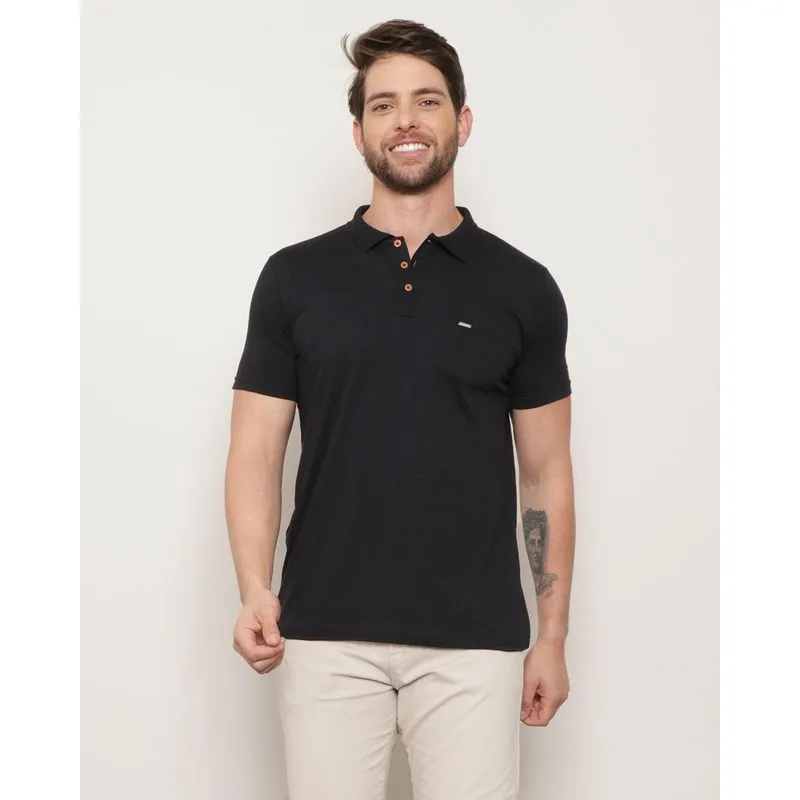 Polo Masculina Manga Curta Lisa Com Bolso Preto P