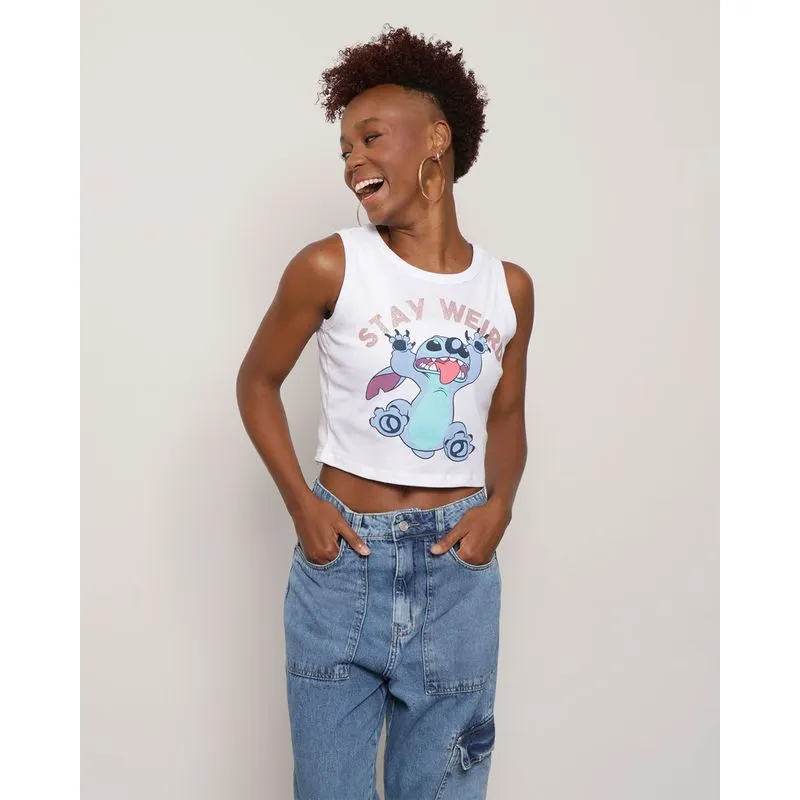Regata Feminina Cropped Disney Estampa Stitch Branca P
