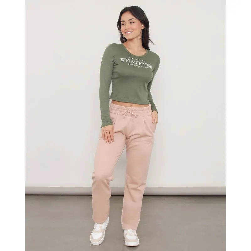 Calça Moletom Feminina Peluciada Reta Com Bolsos Rosa P